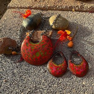 Enamel on Copper Necklace and Earrings Set By Janine Gibbons